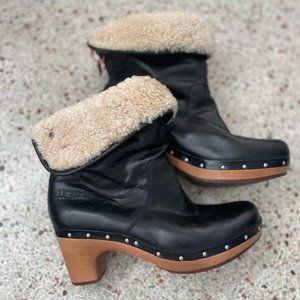 Ugg Lynnea Black Leather Shearling Wood Heel Platform Clog Boot Women’s Size 9